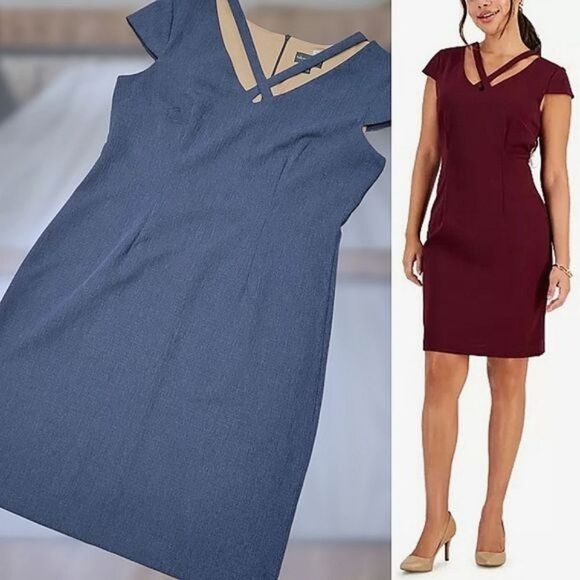 Connected Apparel Navy Crisscross V-Neck Cap Sleeve Sheath dress - Picture 1 of 16